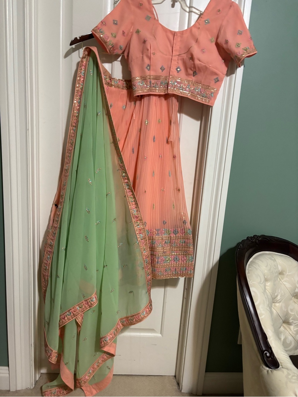 Peach Embroidered Lehenga with Light Green Dupatta Medium 36 bust size